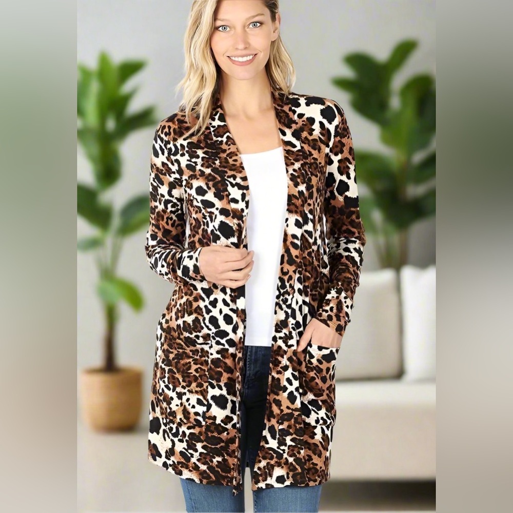 Small NEW Womens Cheetah Cardigan Leopard Duster Sweater Animal Print Jacket - Picture 3 of 5